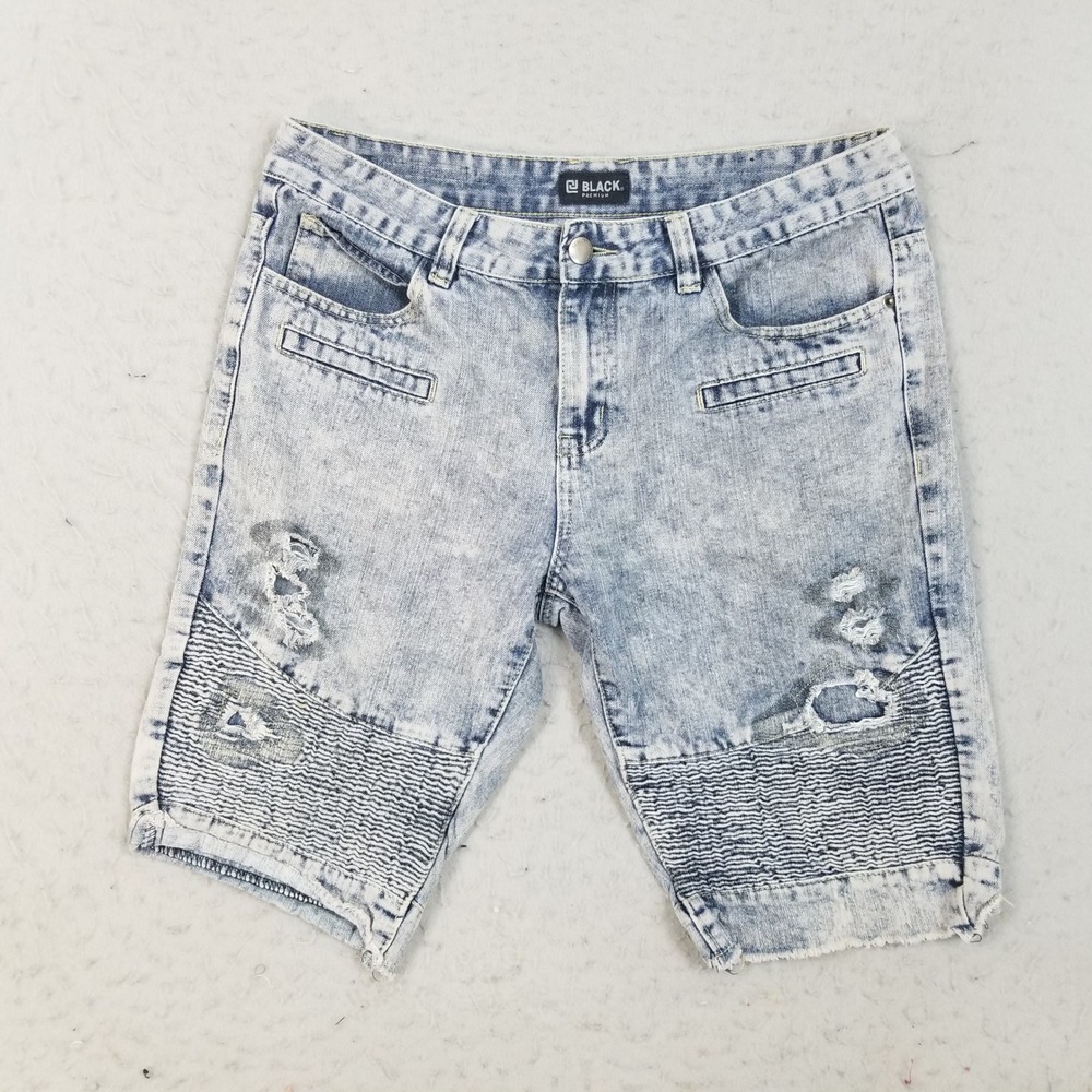 Black Premium Shorts Mens 34 Blue Acid Wash Moto Distressed Ripped Denim Jean